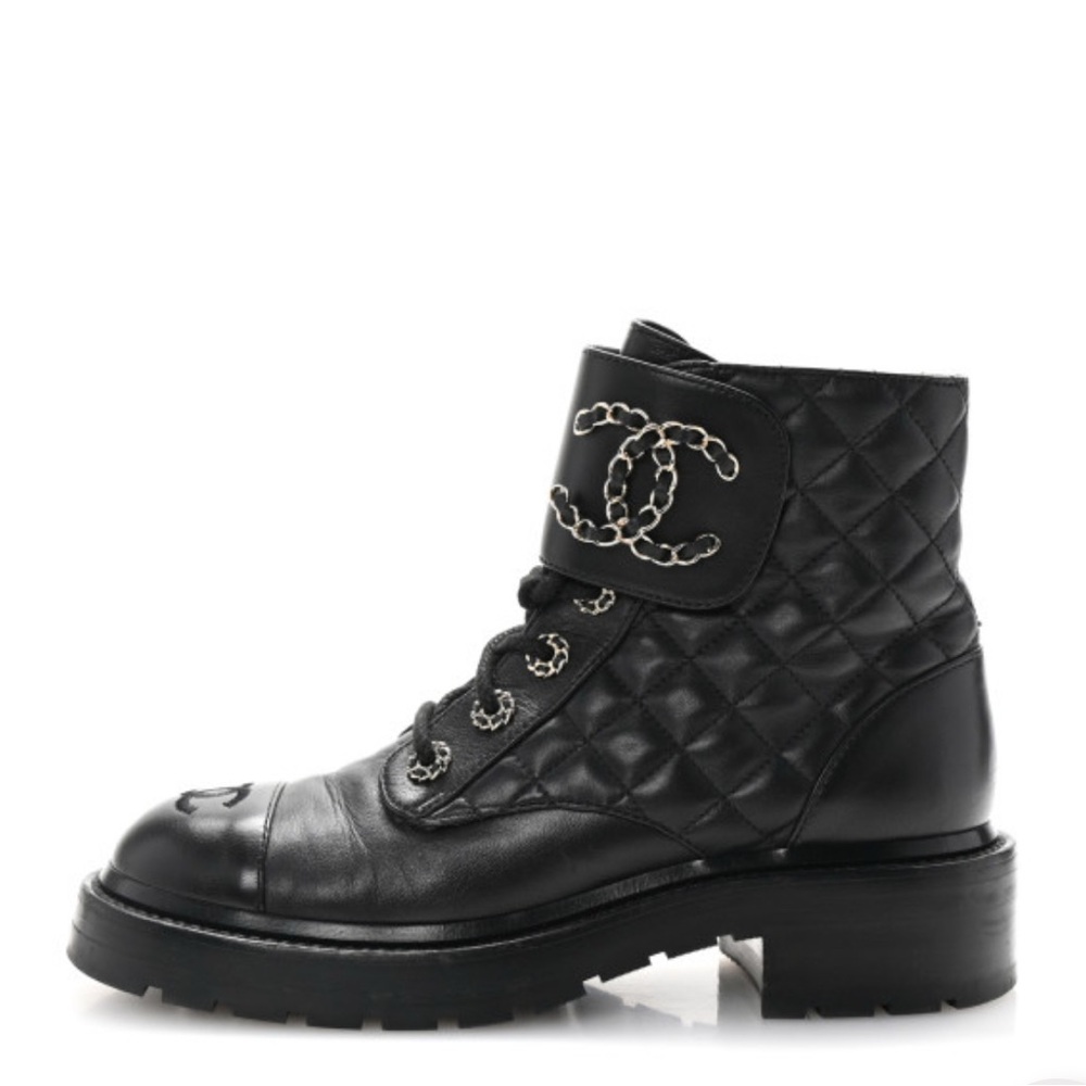 CHANEL Black Lace Up Calfskin Quilted Combat Boots